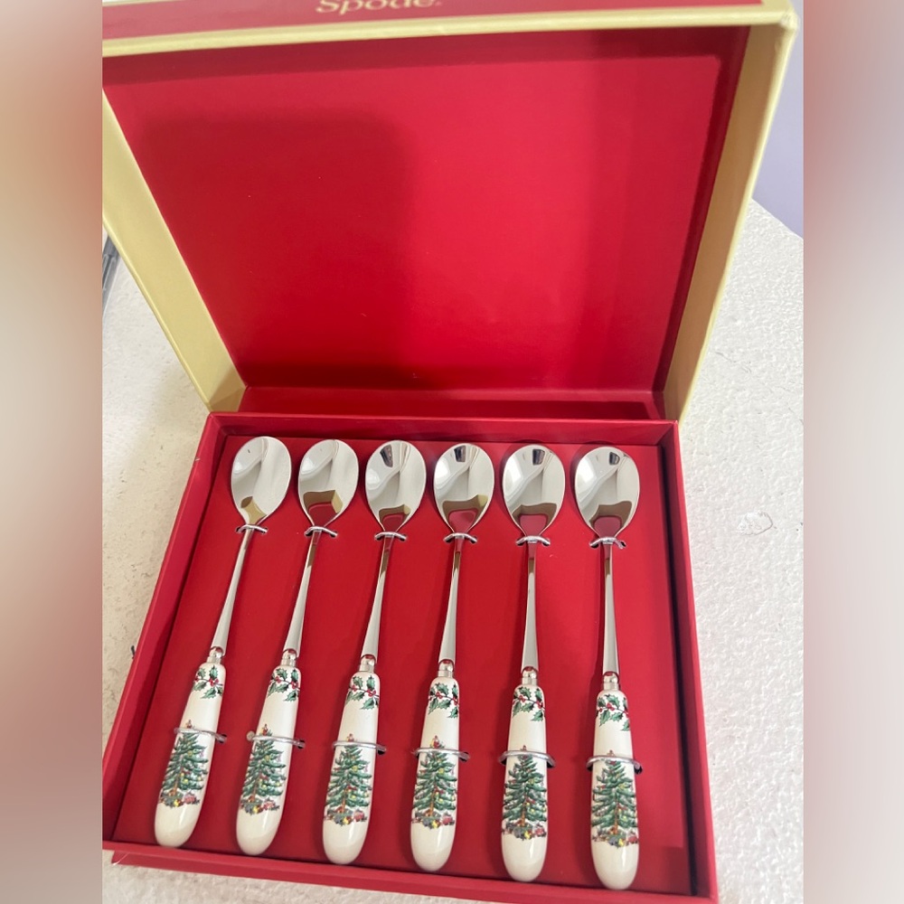 Spode Christmas Tree Porcelain & Stainless Steel 6 Inch Teaspoons, Set of 6